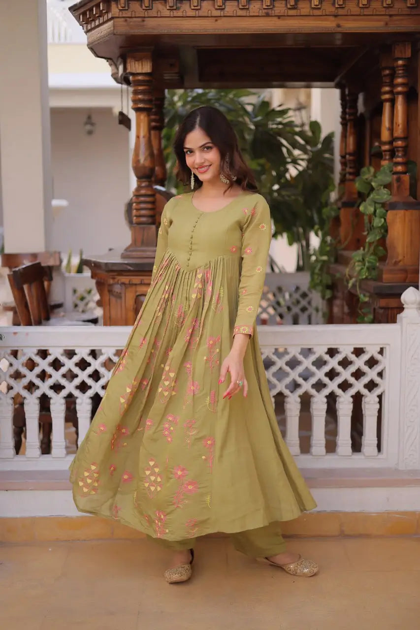 Embroidered Cotton Anarkali Kurti Pant Set for Festive and Casual Wear