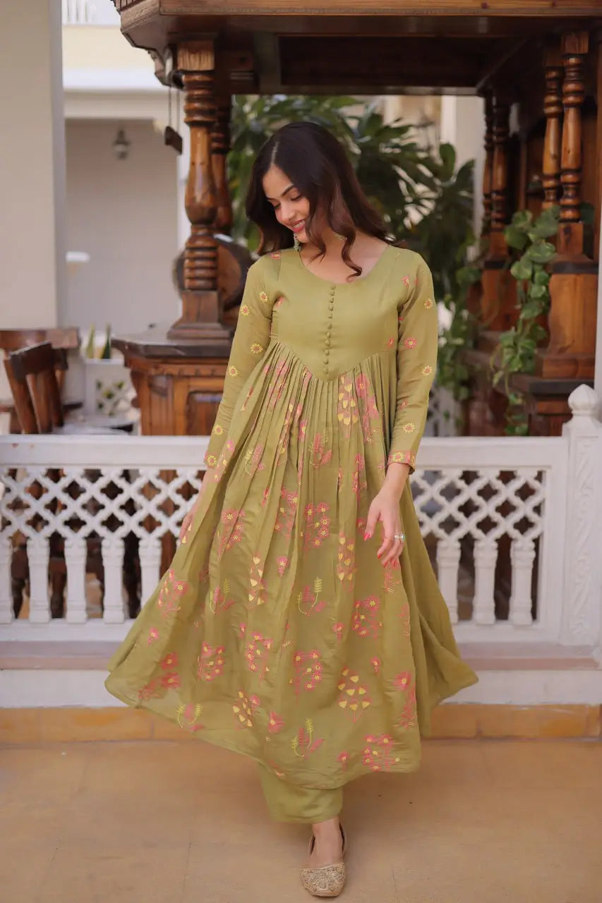Embroidered Cotton Anarkali Kurti Pant Set for Festive and Casual Wear