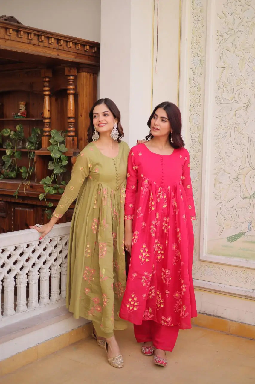 Embroidered Cotton Anarkali Kurti Pant Set for Festive and Casual Wear