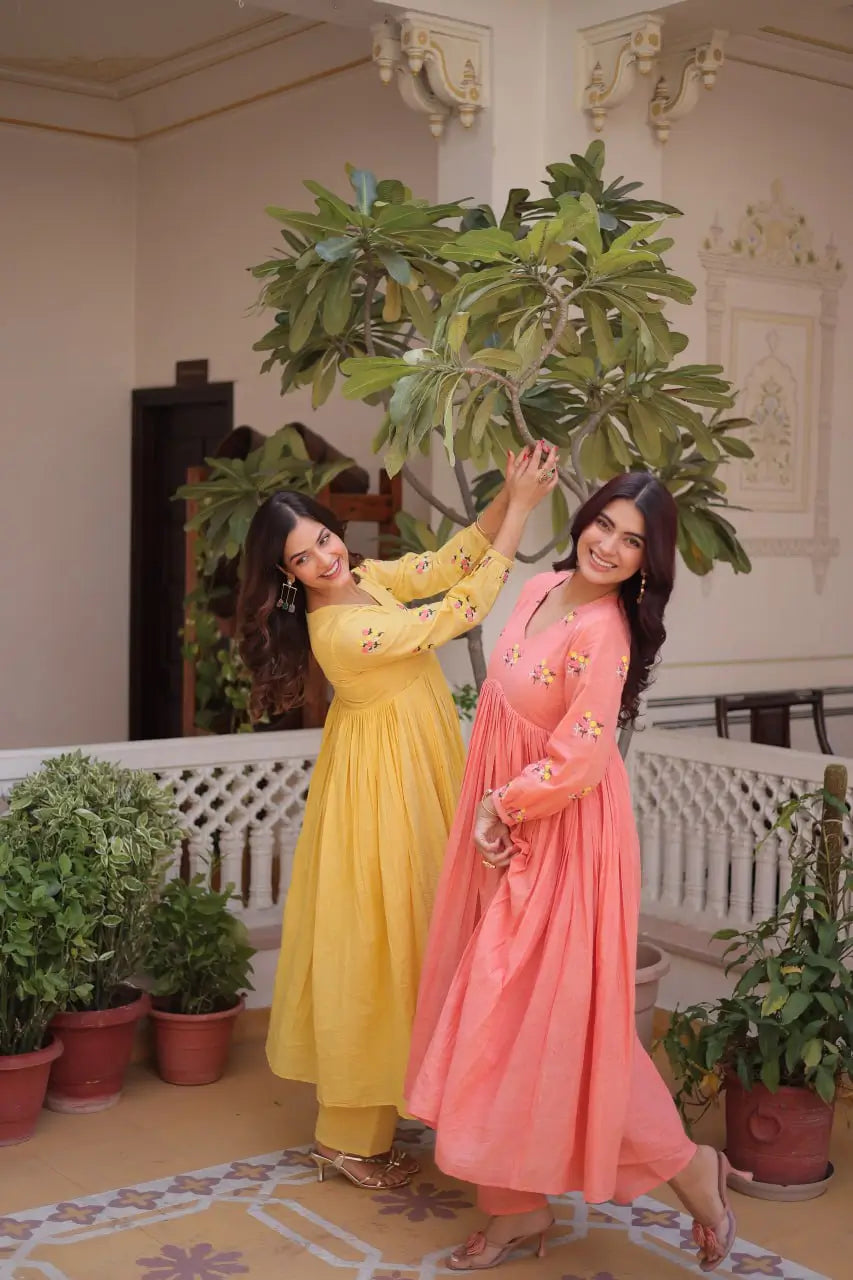 Embroidered Cotton Anarkali Kurti Pant Set for Festive and Casual Wear