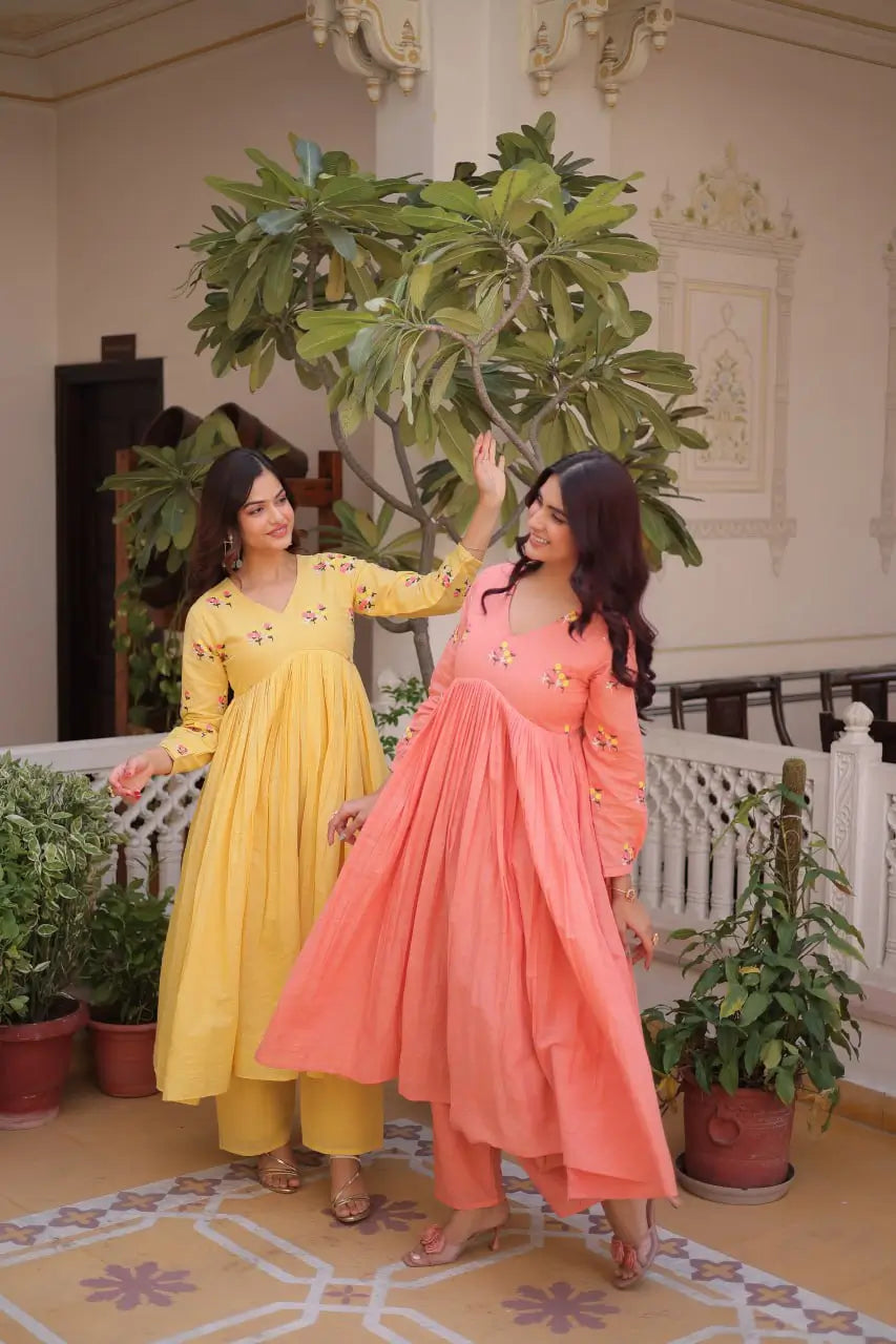Embroidered Cotton Anarkali Kurti Pant Set for Festive and Casual Wear