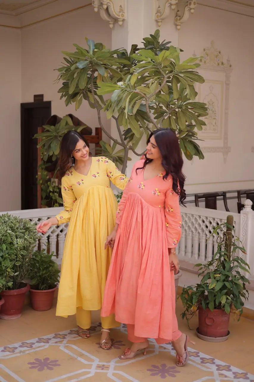 Embroidered Cotton Anarkali Kurti Pant Set for Festive and Casual Wear