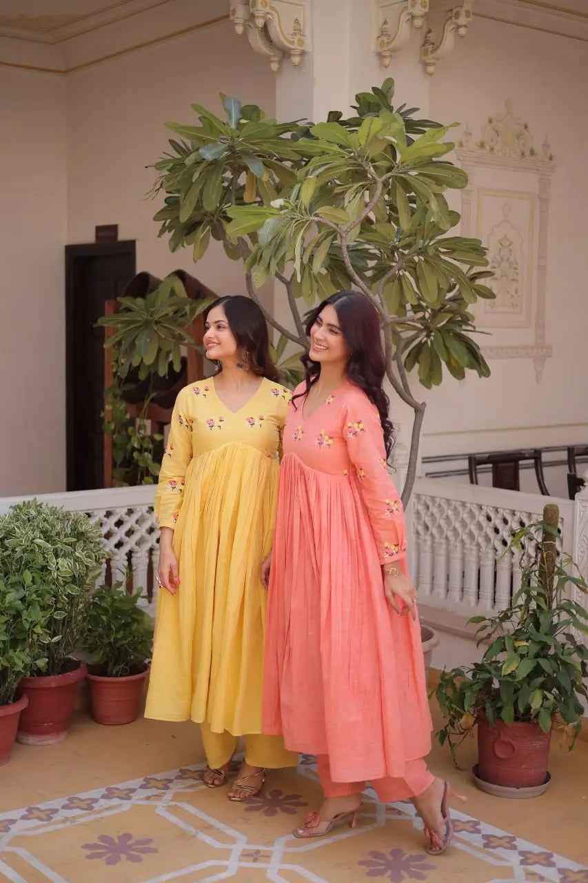 Embroidered Cotton Anarkali Kurti Pant Set for Festive and Casual Wear