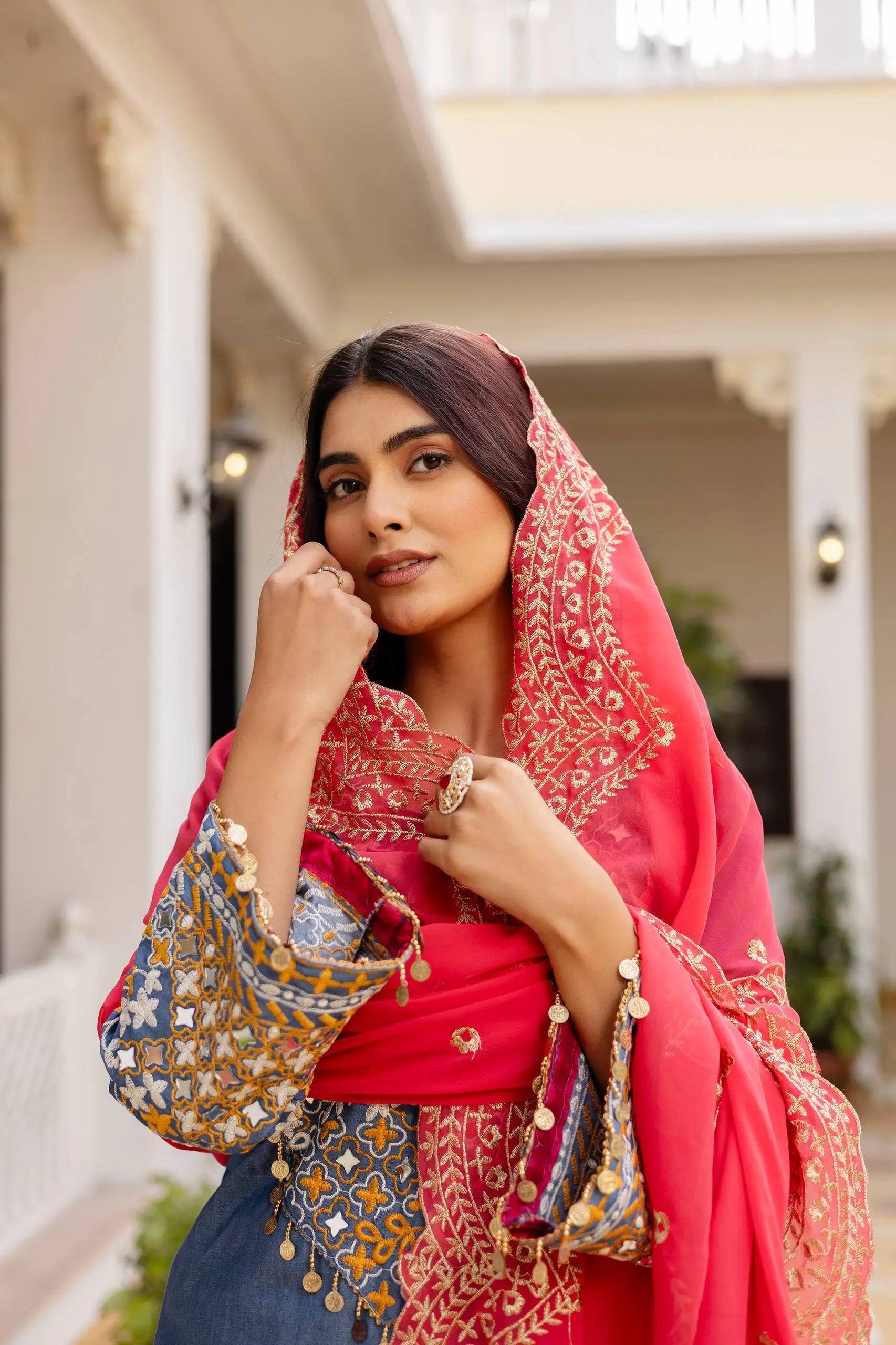 Embroidered Cotton Denim Kurti Pant Dupatta Set