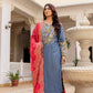 Embroidered Cotton Denim Kurti Pant Dupatta Set