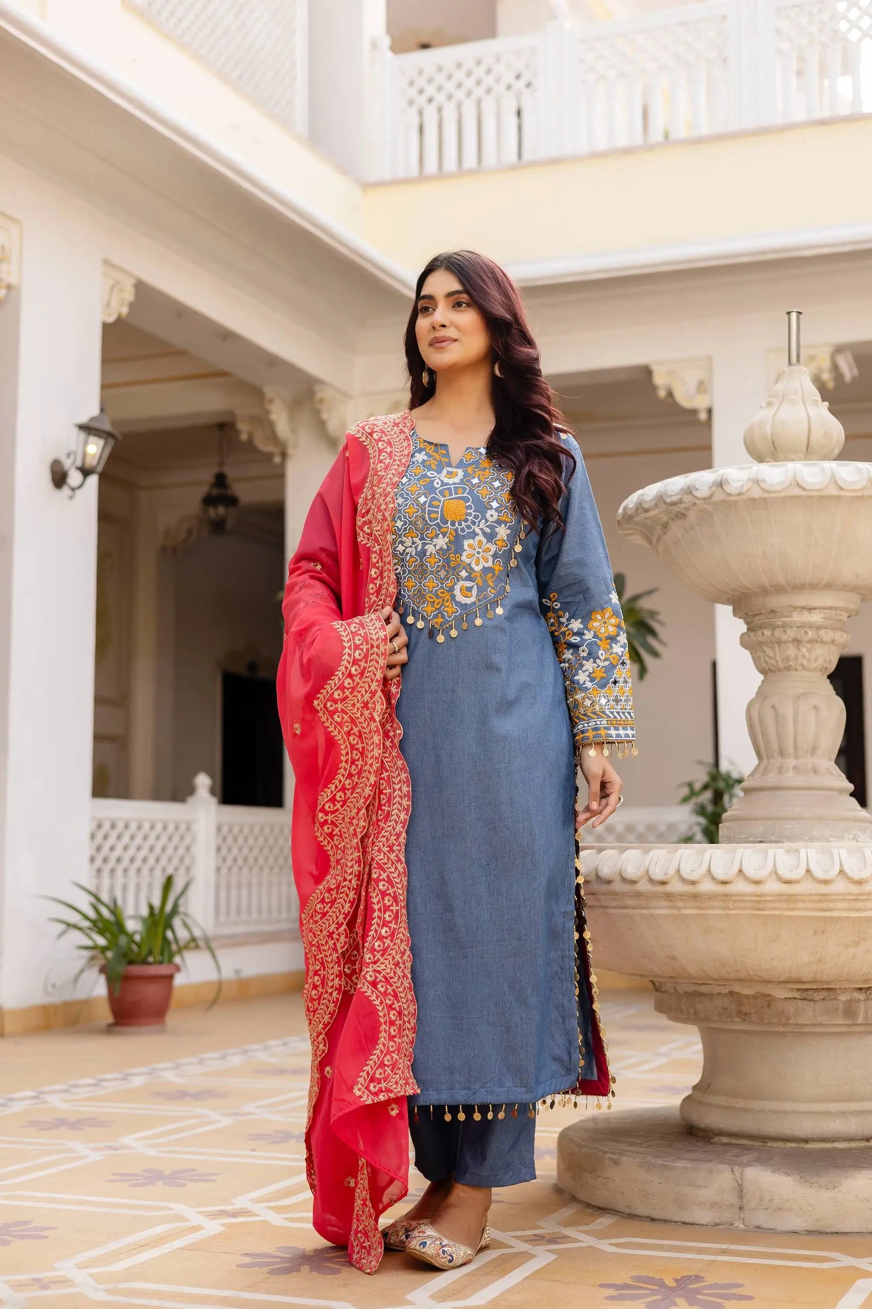 Embroidered Cotton Denim Kurti Pant Dupatta Set