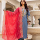 Embroidered Cotton Denim Kurti Pant Dupatta Set