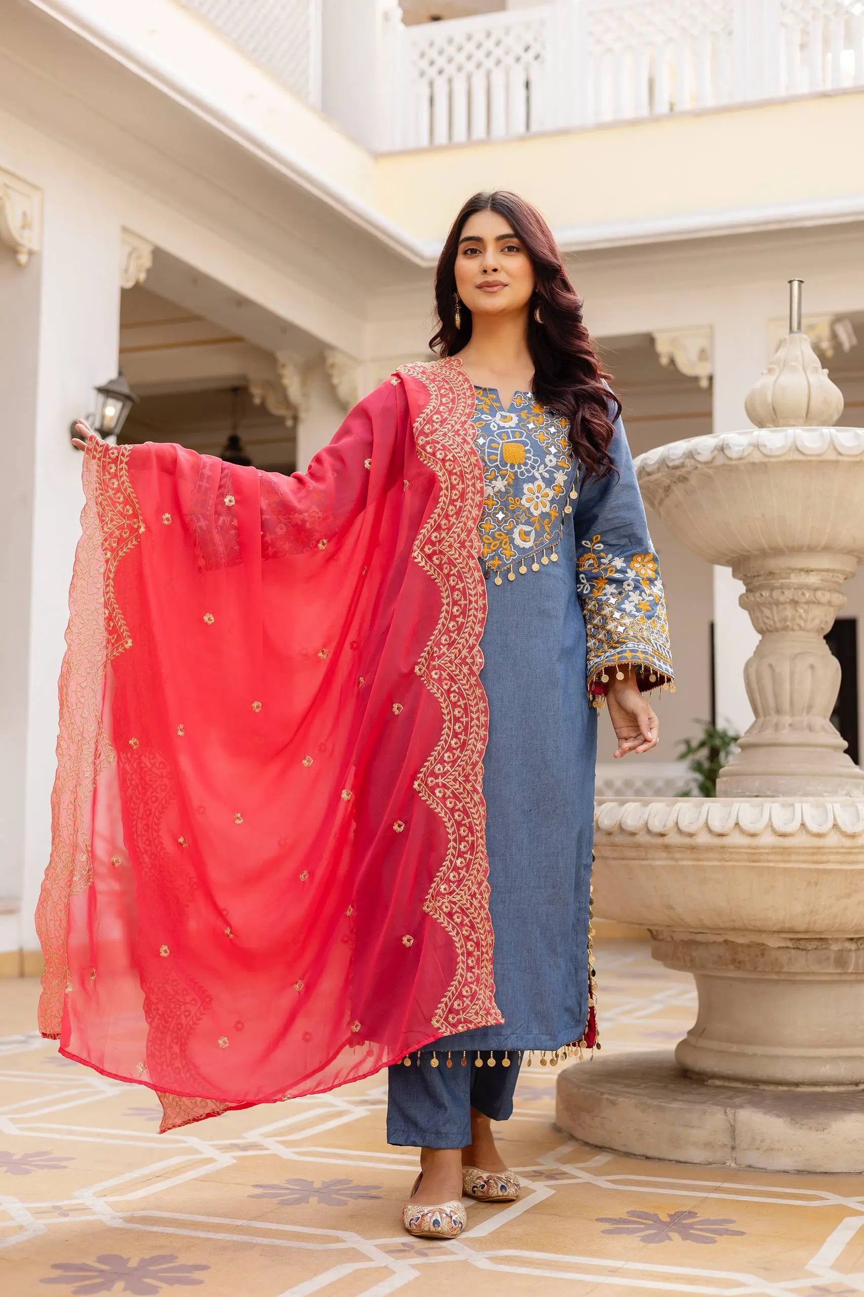 Embroidered Cotton Denim Kurti Pant Dupatta Set