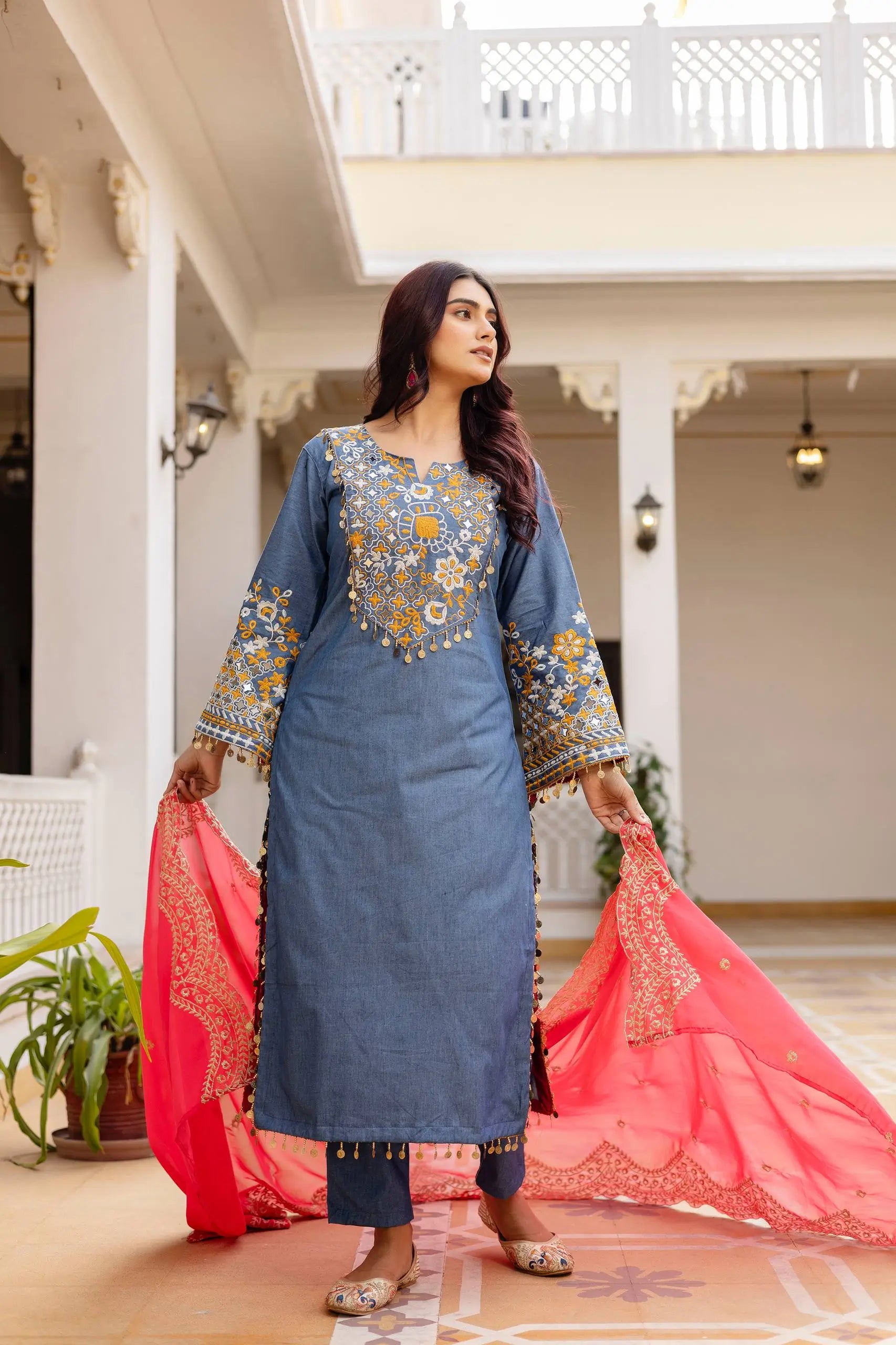 Embroidered Cotton Denim Kurti Pant Dupatta Set
