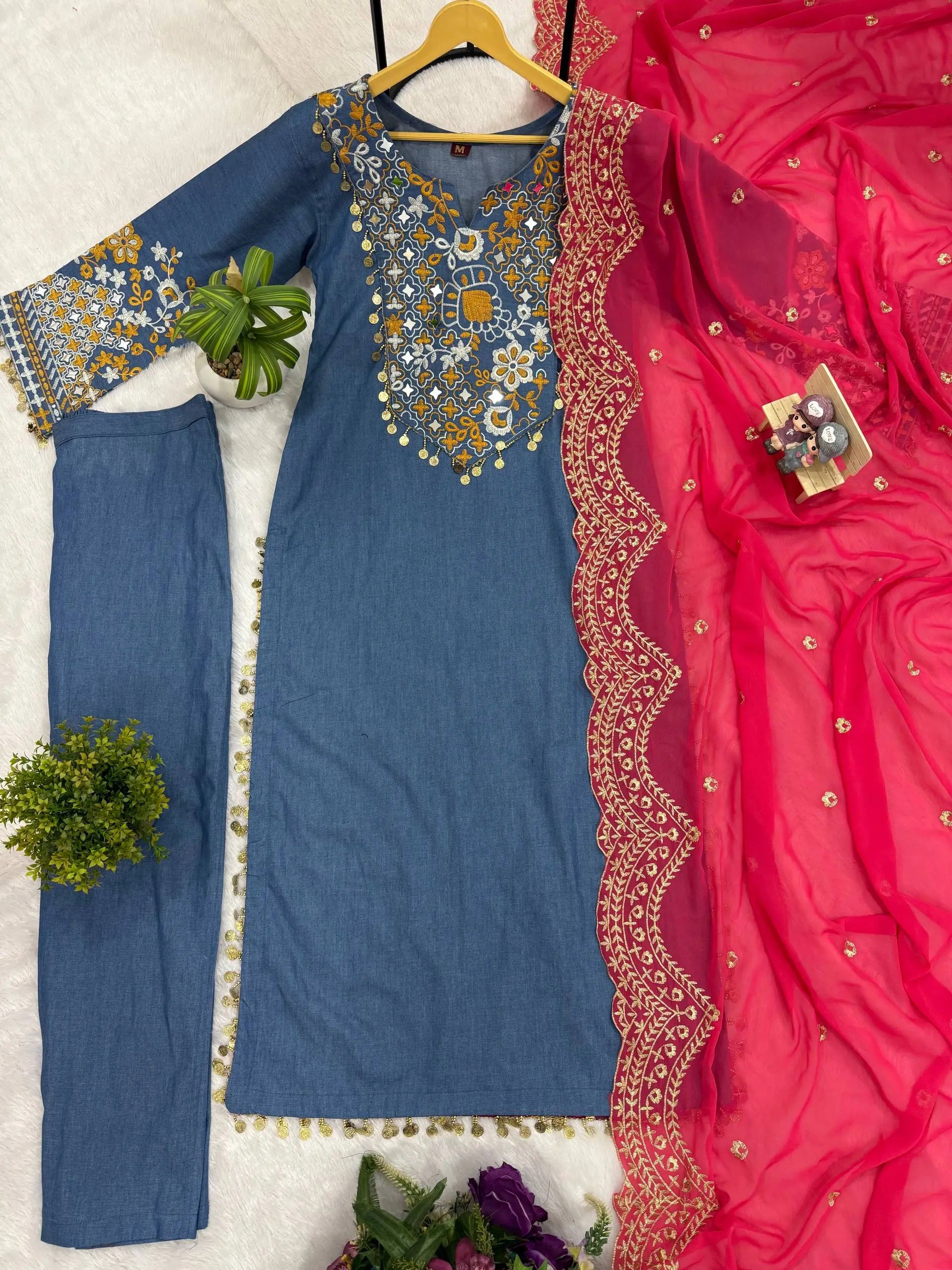 Embroidered Cotton Denim Kurti Pant Dupatta Set