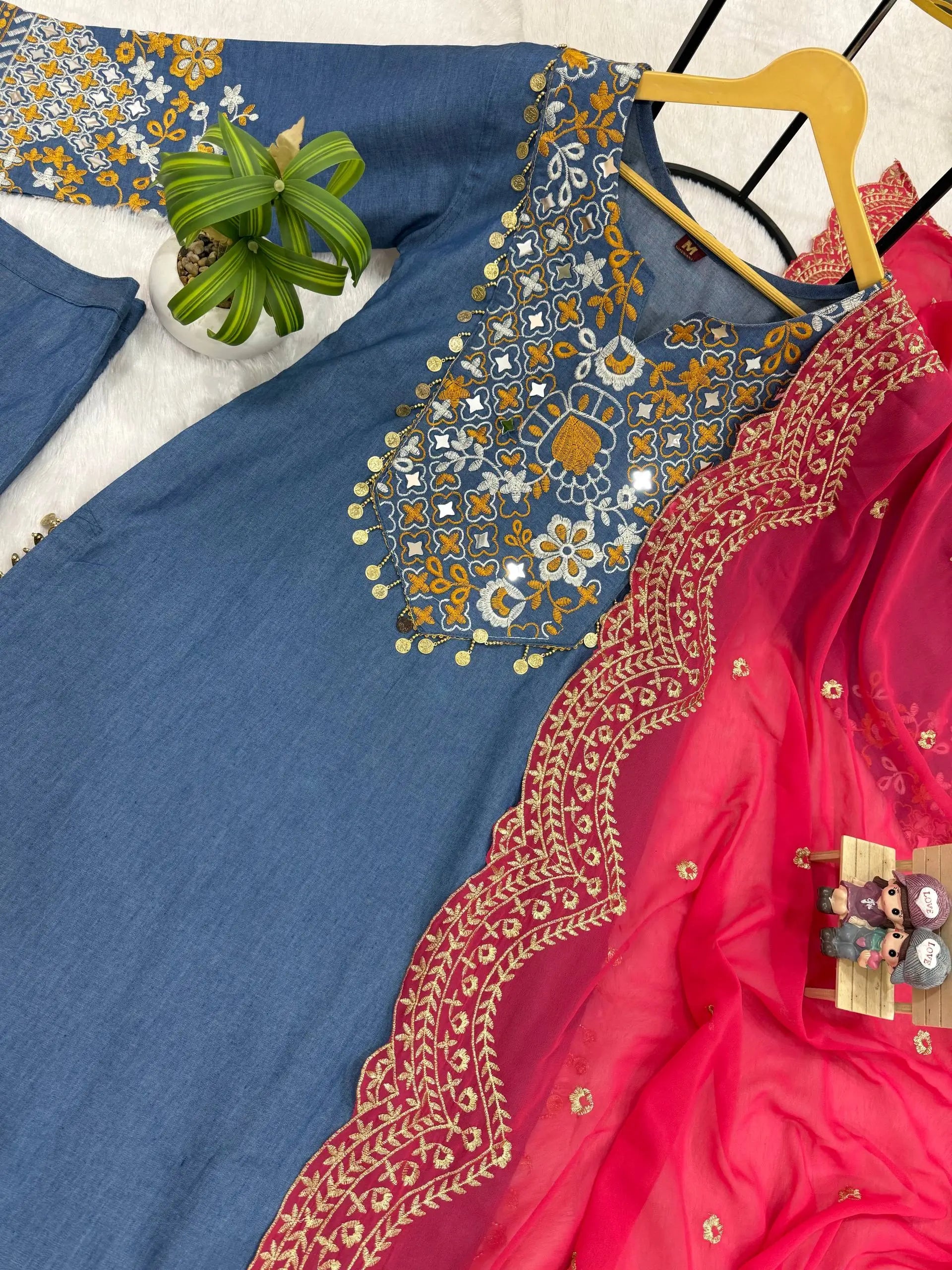 Embroidered Cotton Denim Kurti Pant Dupatta Set