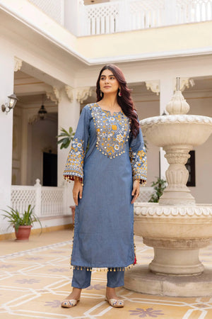 Embroidered Cotton Denim Kurti Pant Dupatta Set