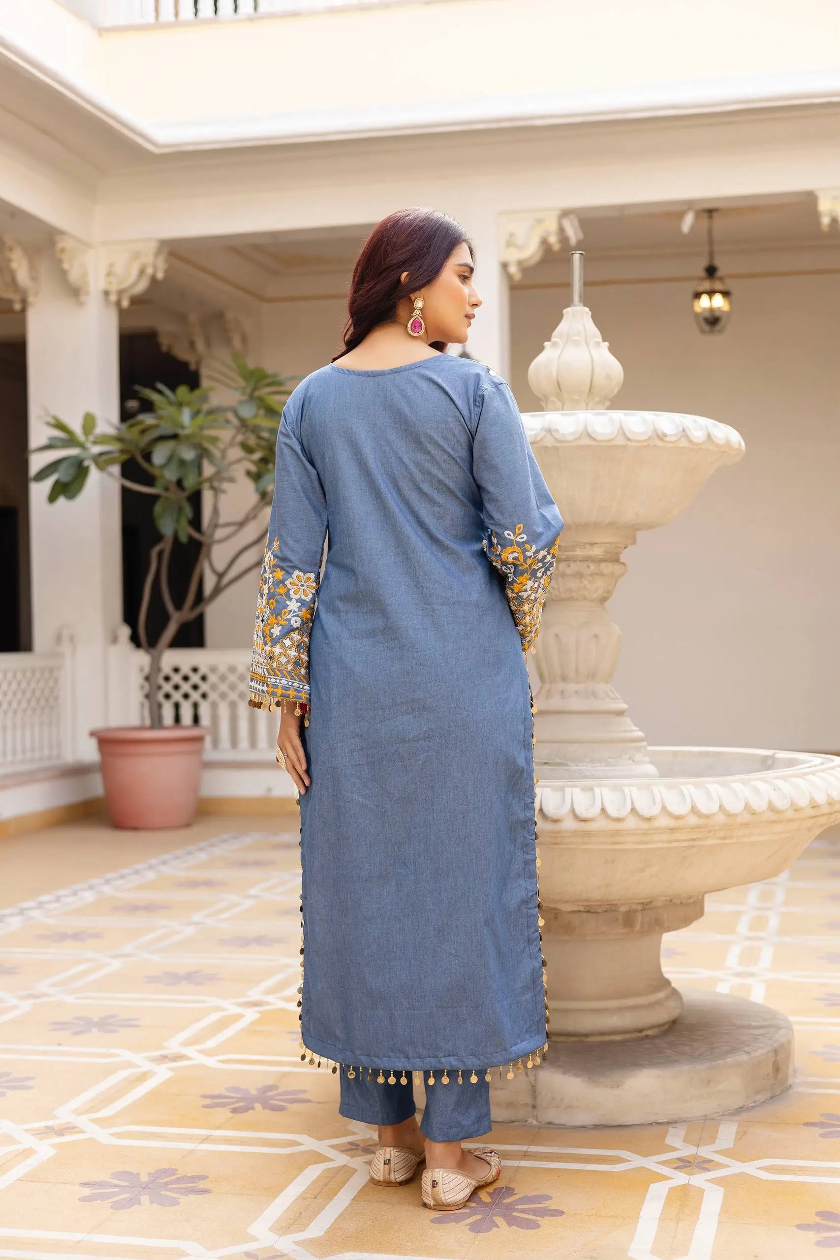 Embroidered Cotton Denim Kurti Pant Dupatta Set