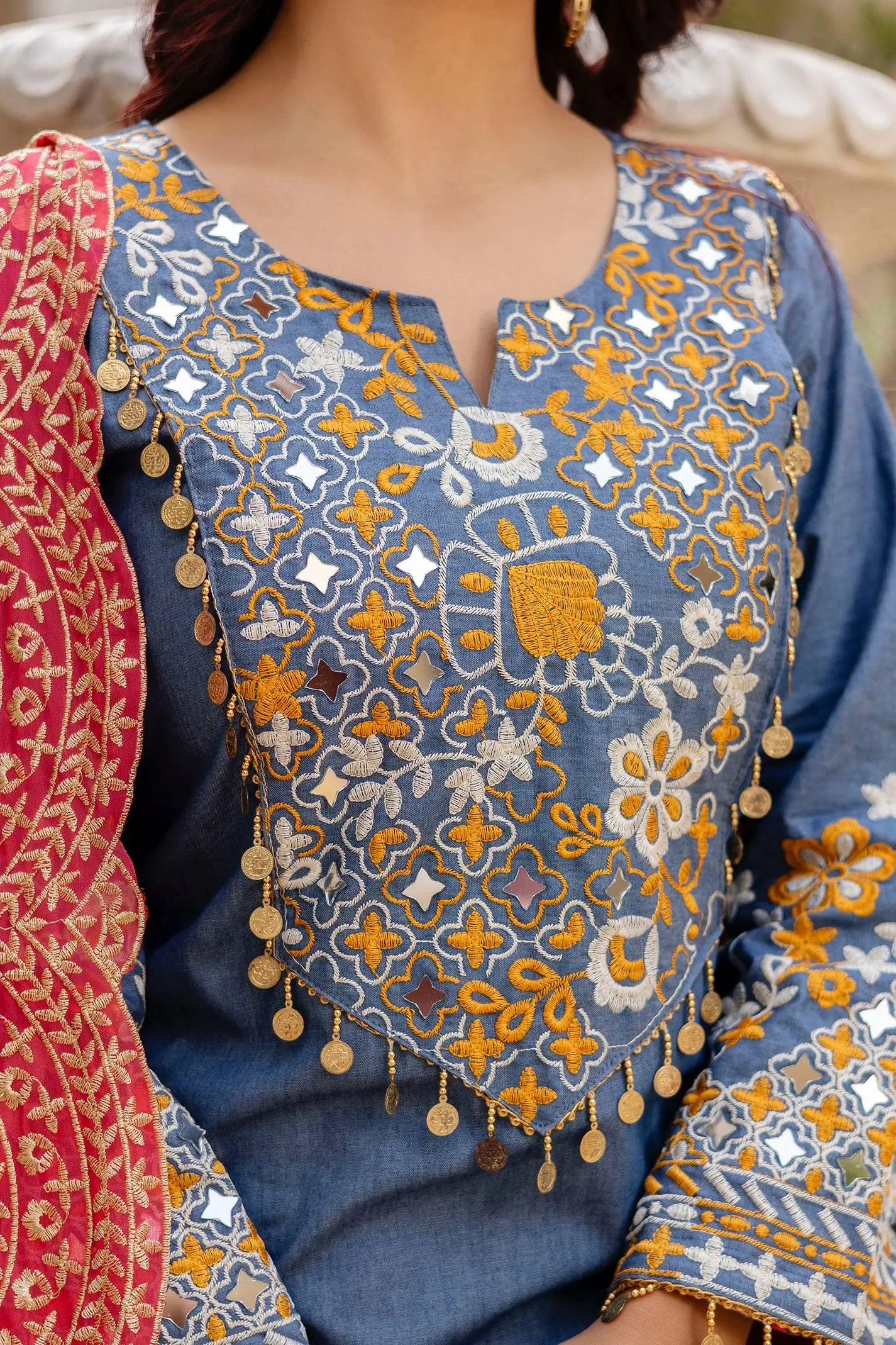 Embroidered Cotton Denim Kurti Pant Dupatta Set