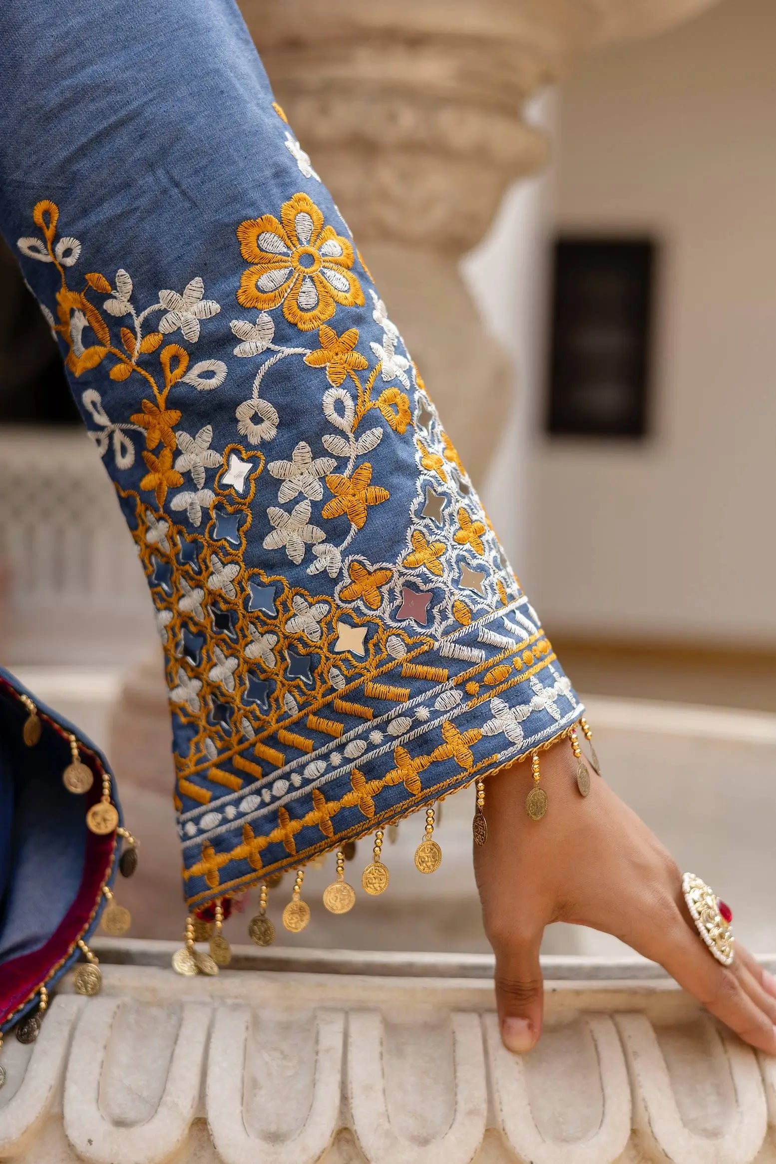 Embroidered Cotton Denim Kurti Pant Dupatta Set