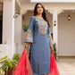 Embroidered Cotton Denim Kurti Pant Dupatta Set