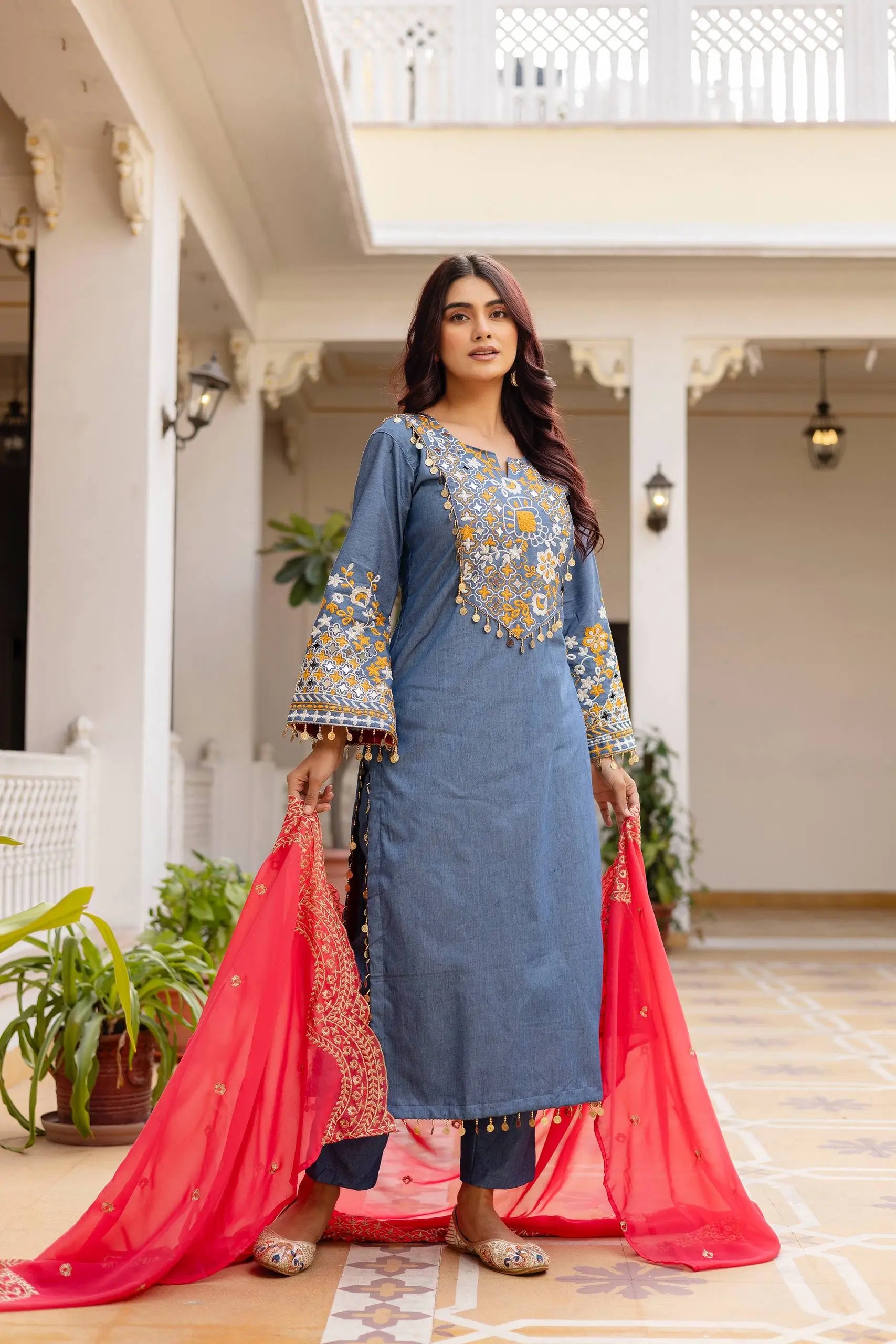 Embroidered Cotton Denim Kurti Pant Dupatta Set