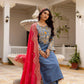 Embroidered Cotton Denim Kurti Pant Dupatta Set