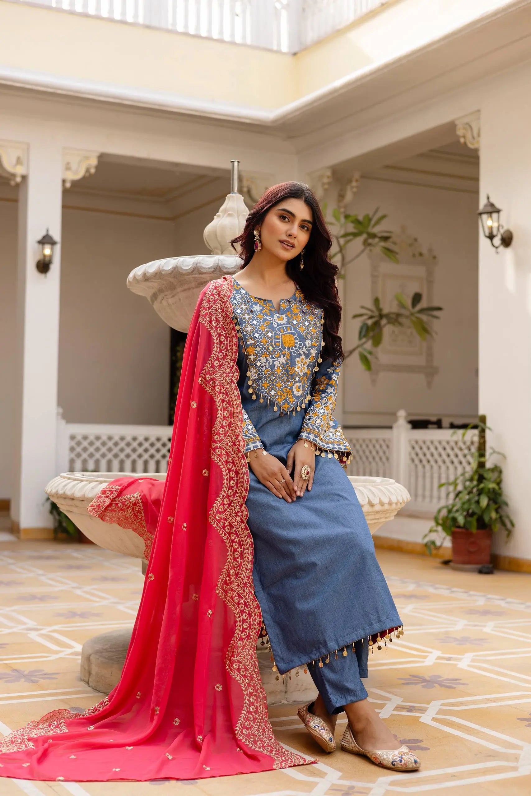 Embroidered Cotton Denim Kurti Pant Dupatta Set
