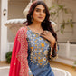Embroidered Cotton Denim Kurti Pant Dupatta Set