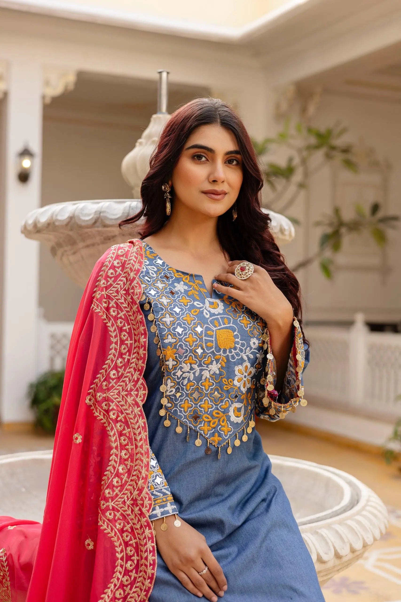 Embroidered Cotton Denim Kurti Pant Dupatta Set