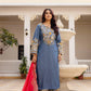 Embroidered Cotton Denim Kurti Pant Dupatta Set