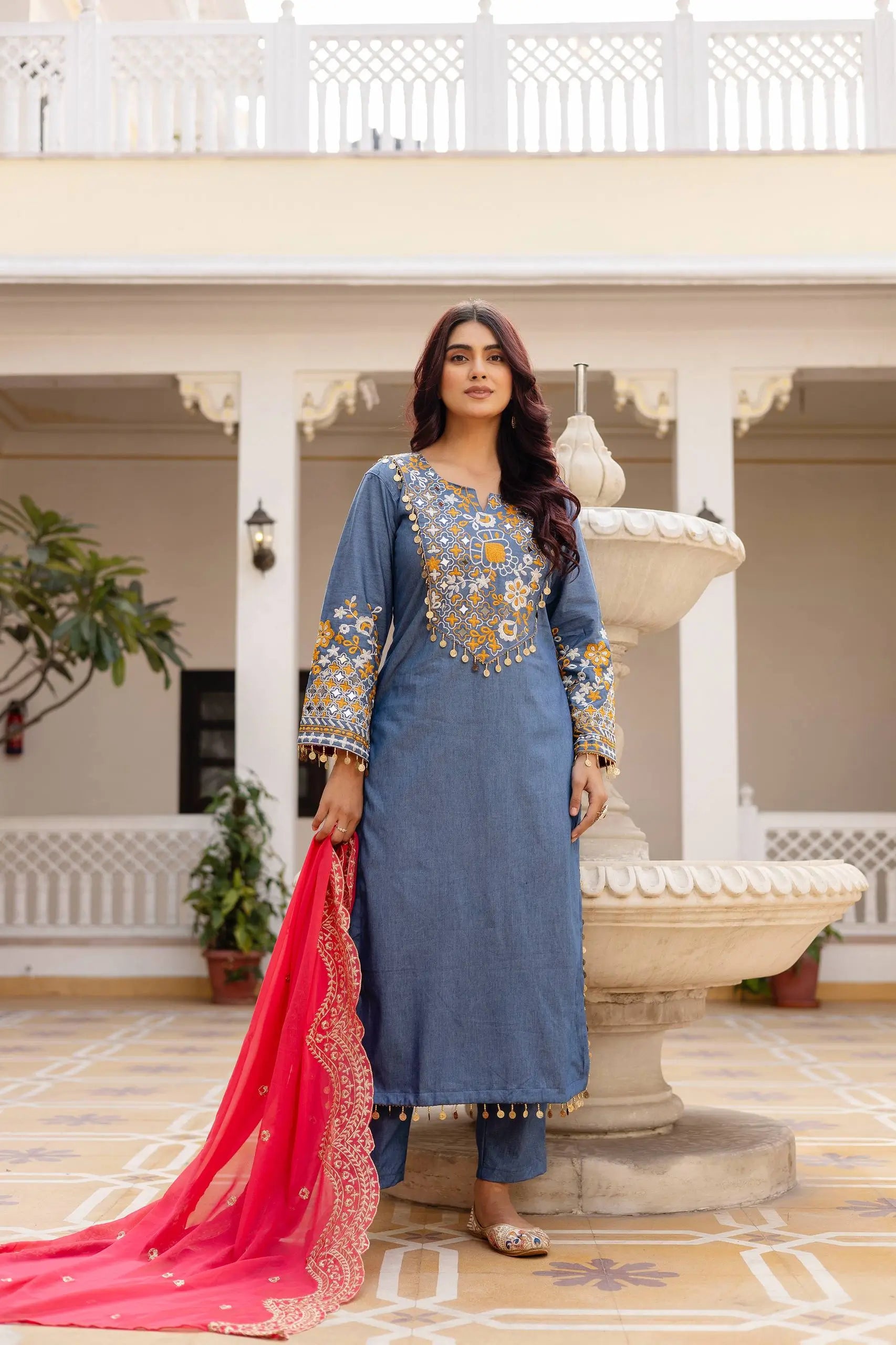 Embroidered Cotton Denim Kurti Pant Dupatta Set