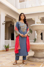 Embroidered Cotton Denim Kurti Pant Dupatta Set