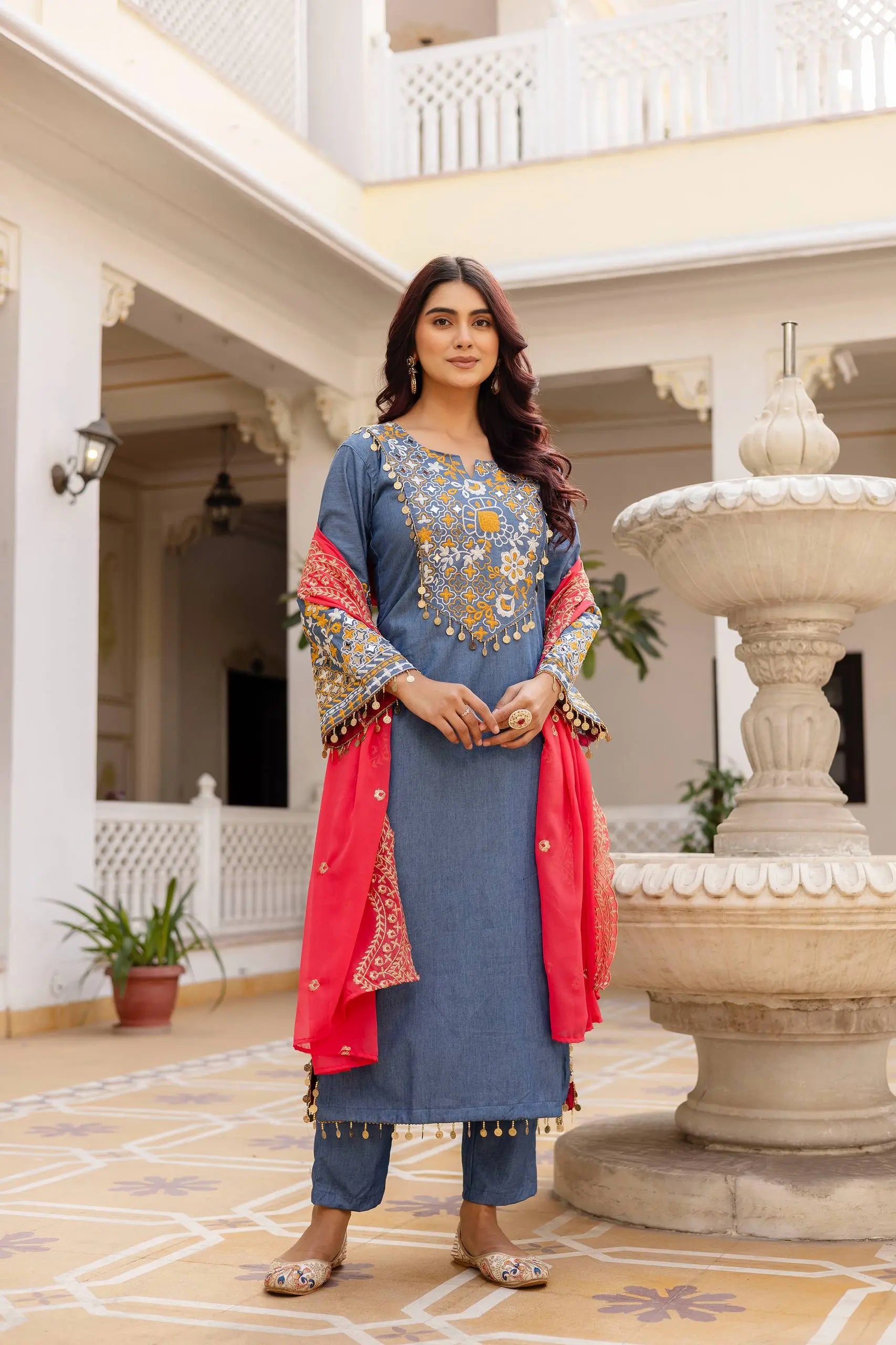 Embroidered Cotton Denim Kurti Pant Dupatta Set