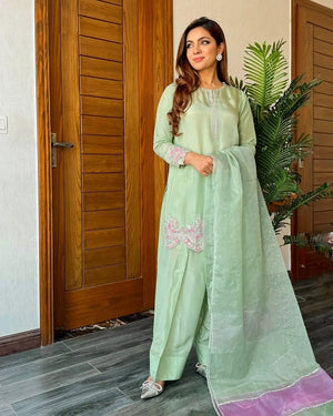Embroidered Crepe Farshi Palazzo Suit with Organza Dupatta