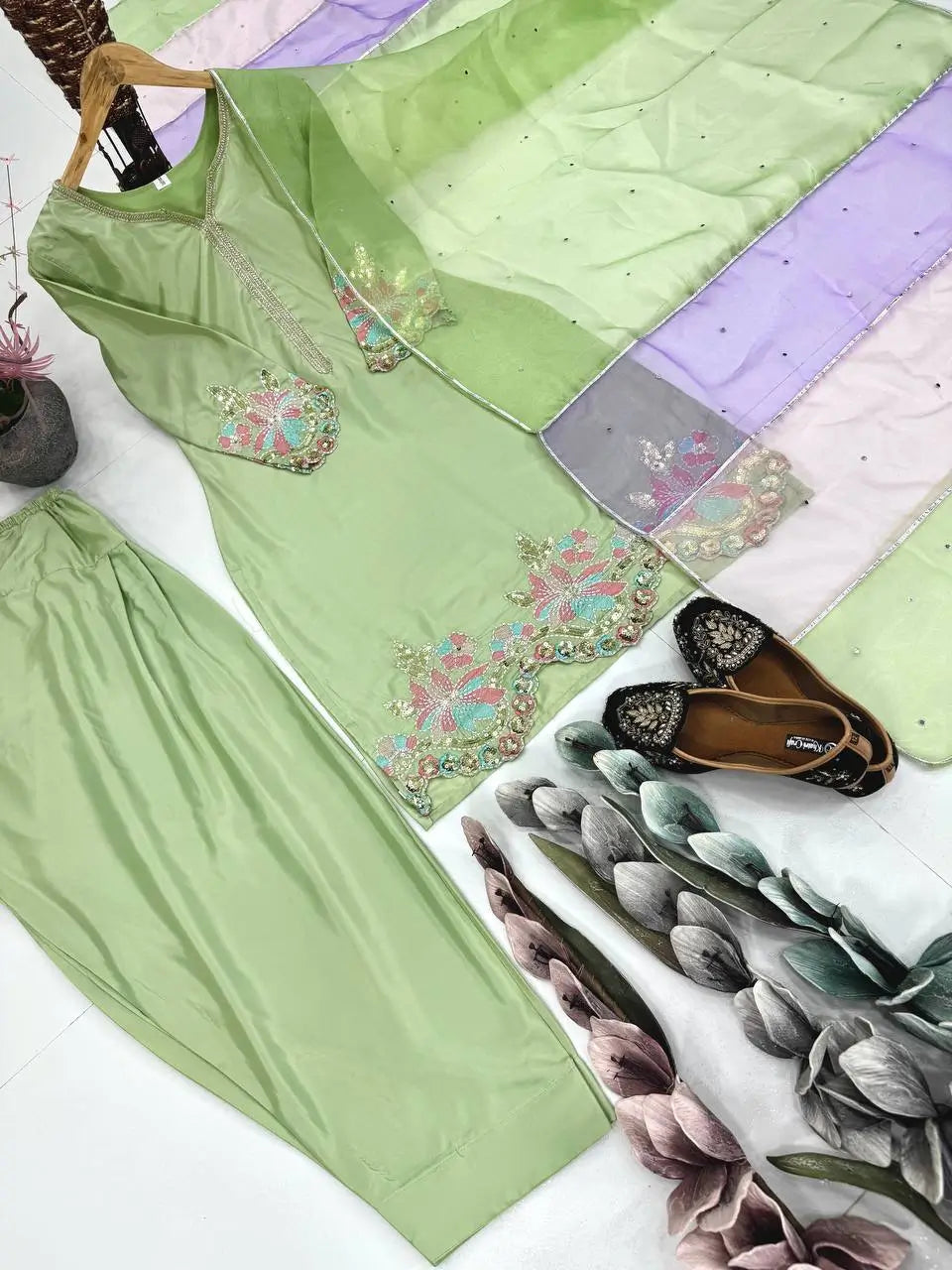 Embroidered Crepe Farshi Palazzo Suit with Organza Dupatta