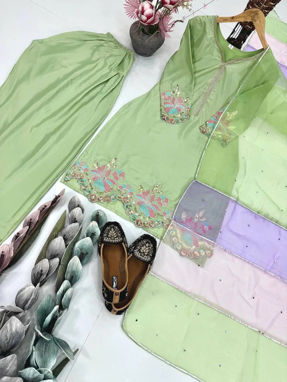 Embroidered Crepe Farshi Palazzo Suit with Organza Dupatta