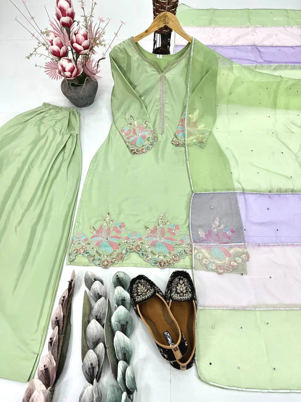 Embroidered Crepe Farshi Palazzo Suit with Organza Dupatta