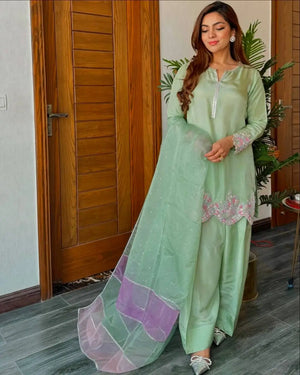 Embroidered Crepe Farshi Palazzo Suit with Organza Dupatta