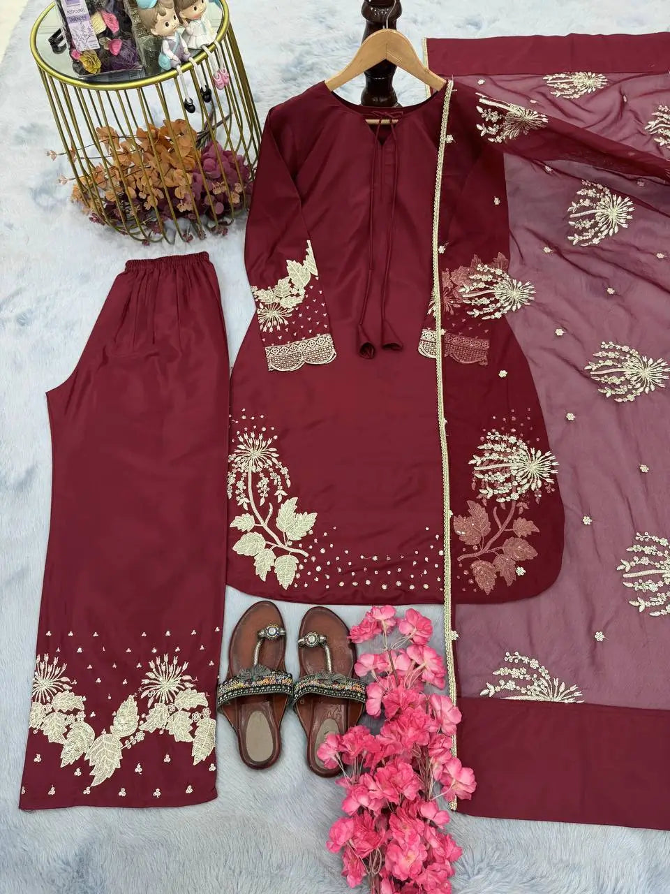 Embroidered Crepe Palazzo Set with Organza Dupatta