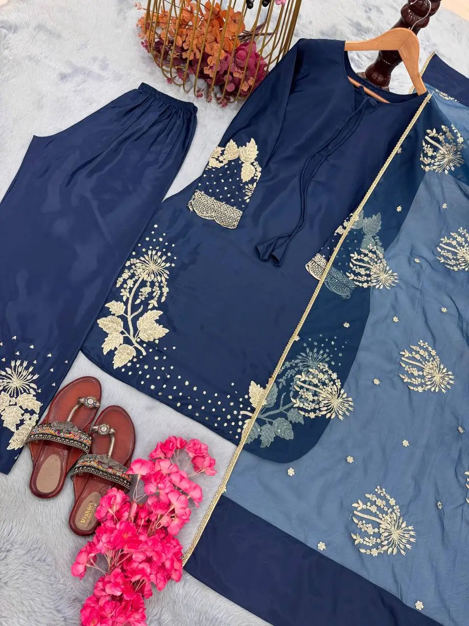 Embroidered Crepe Palazzo Set with Organza Dupatta