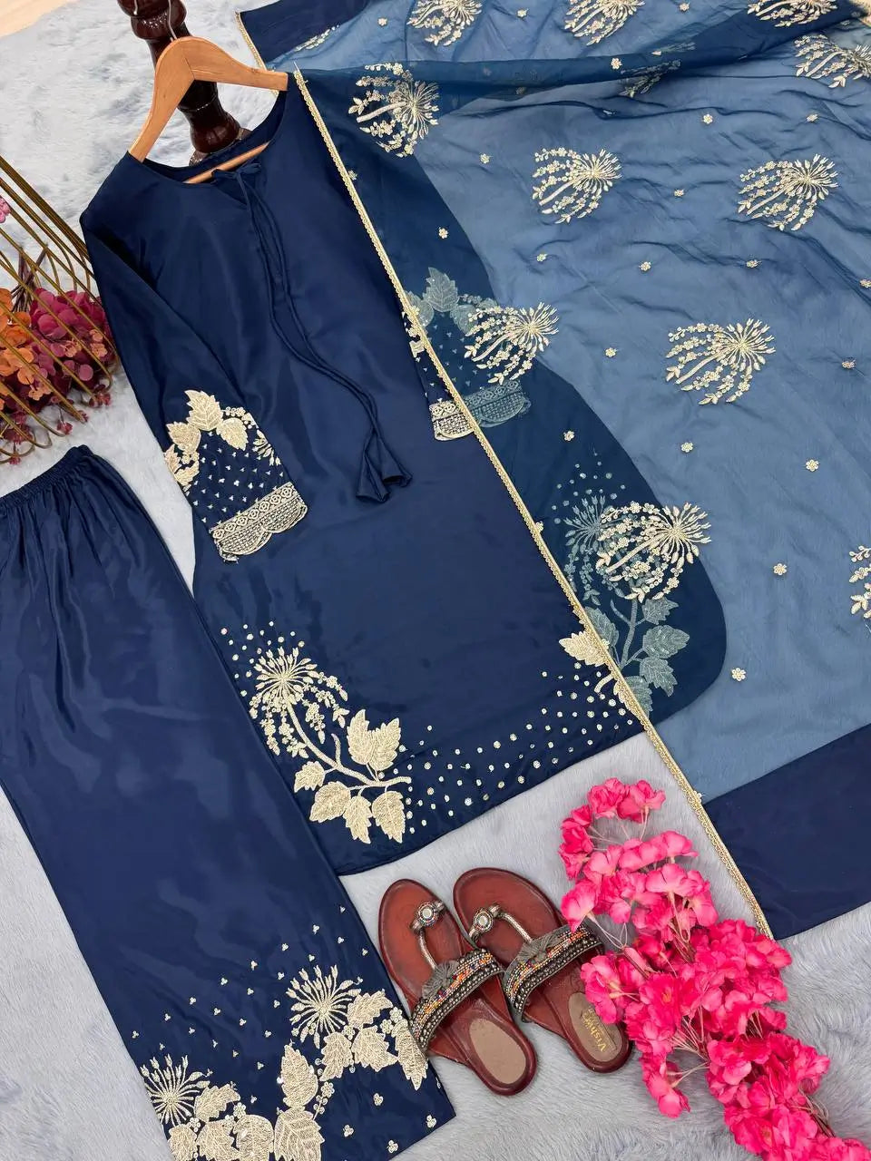 Embroidered Crepe Palazzo Set with Organza Dupatta