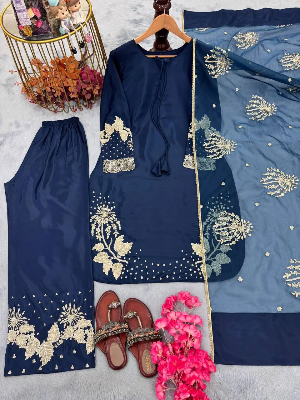 Embroidered Crepe Palazzo Set with Organza Dupatta