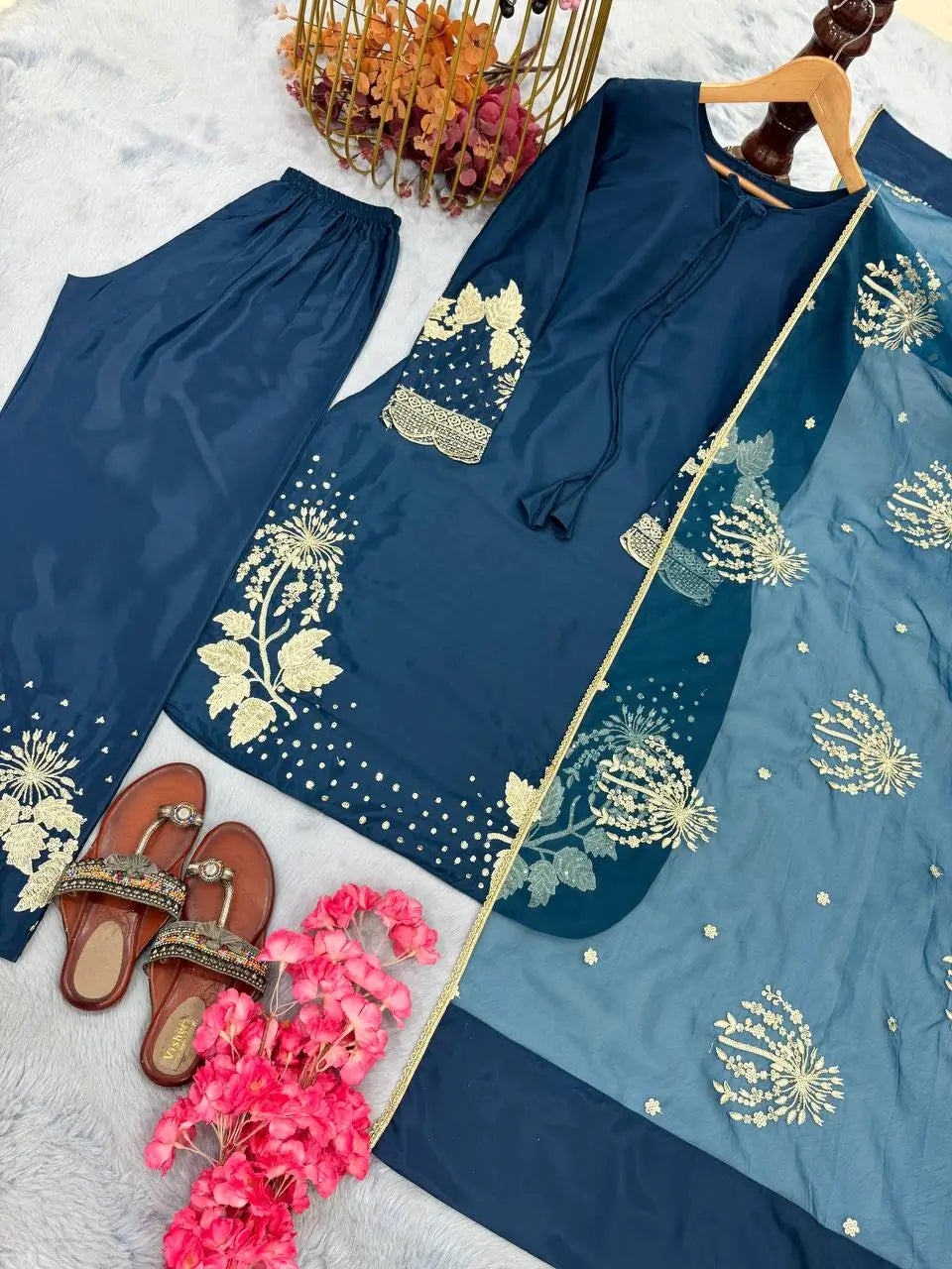 Embroidered Crepe Palazzo Set with Organza Dupatta