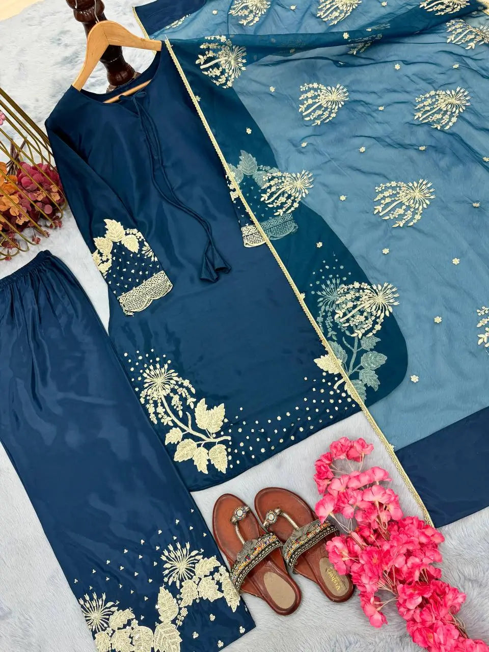 Embroidered Crepe Palazzo Set with Organza Dupatta