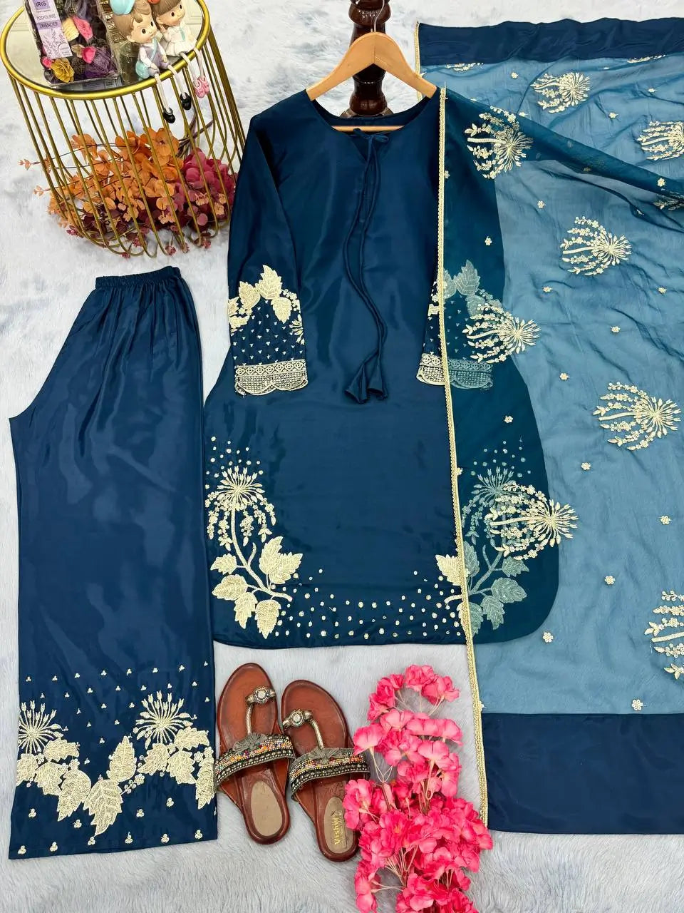 Embroidered Crepe Palazzo Set with Organza Dupatta