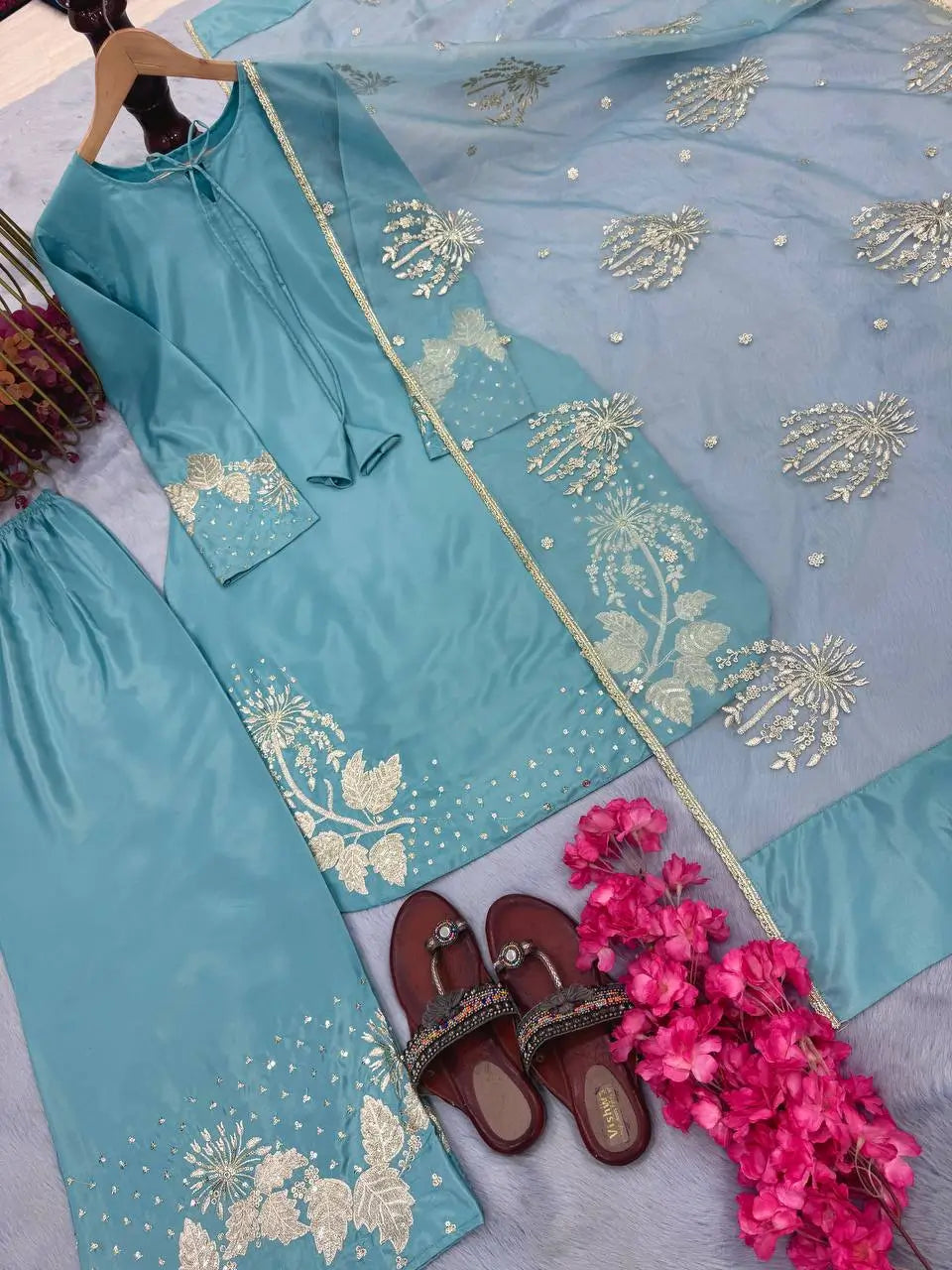 Embroidered Crepe Palazzo Set with Organza Dupatta