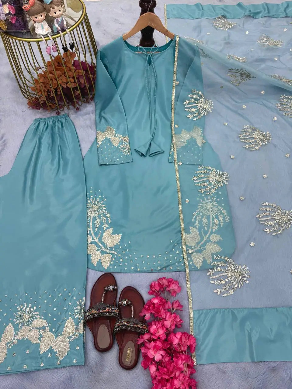 Embroidered Crepe Palazzo Set with Organza Dupatta