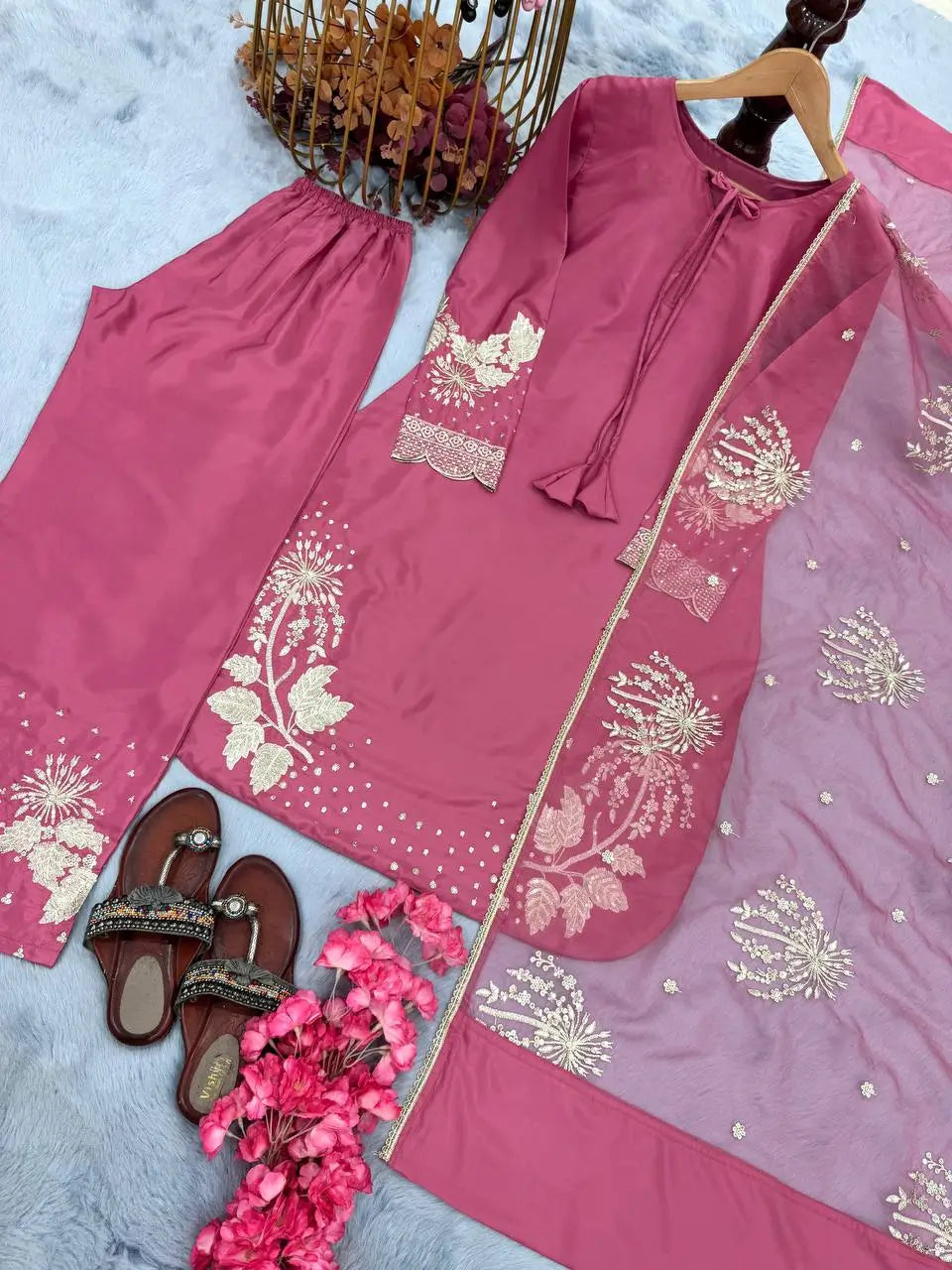 Embroidered Crepe Palazzo Set with Organza Dupatta