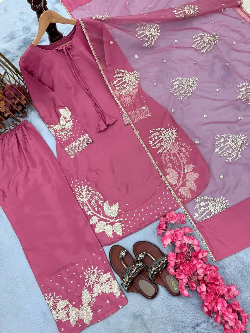 Embroidered Crepe Palazzo Set with Organza Dupatta