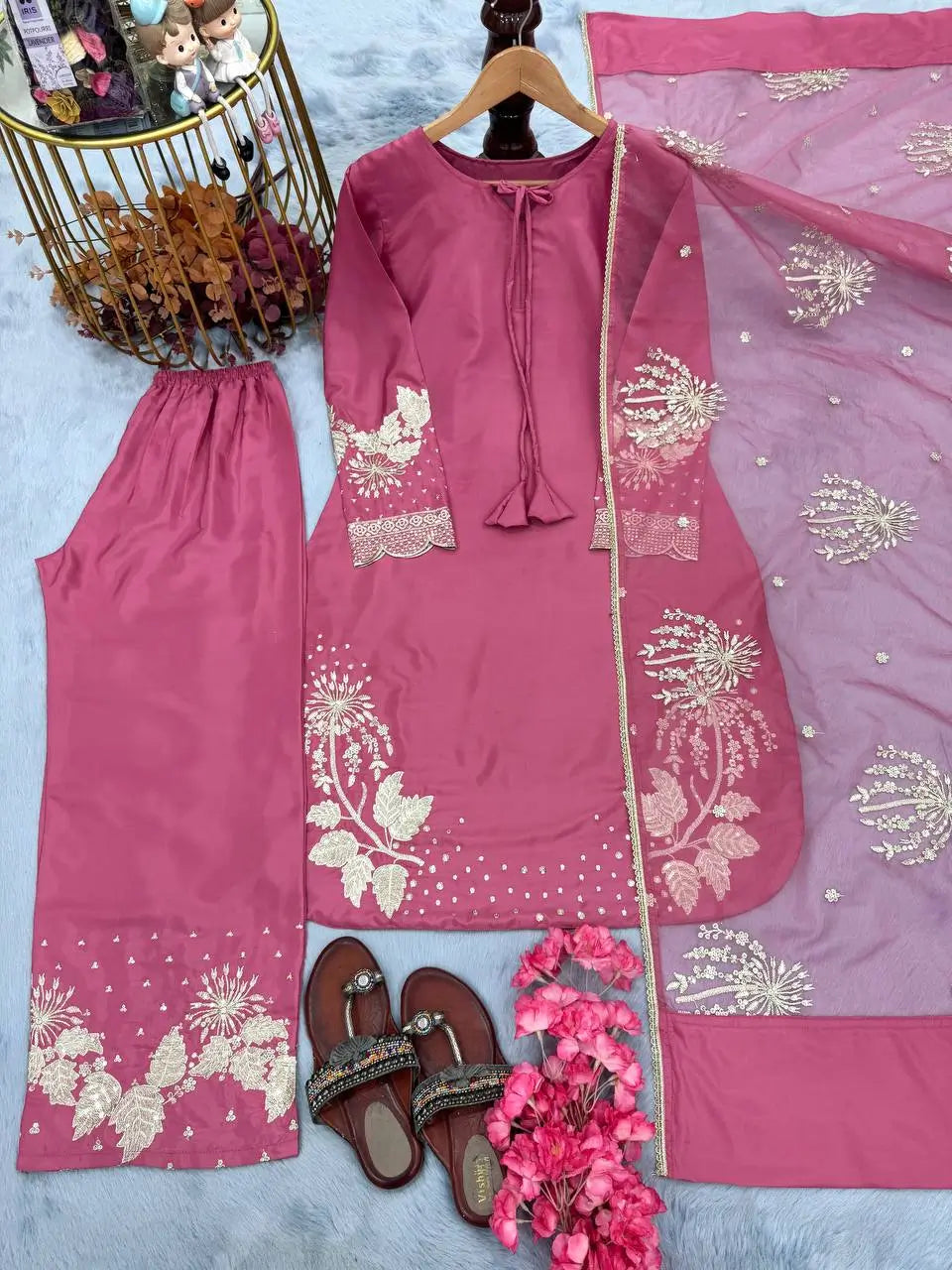 Embroidered Crepe Palazzo Set with Organza Dupatta