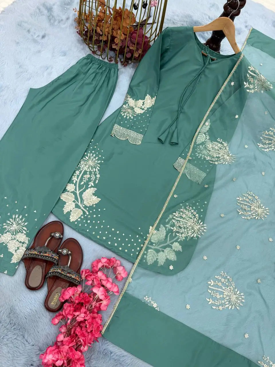 Embroidered Crepe Palazzo Set with Organza Dupatta