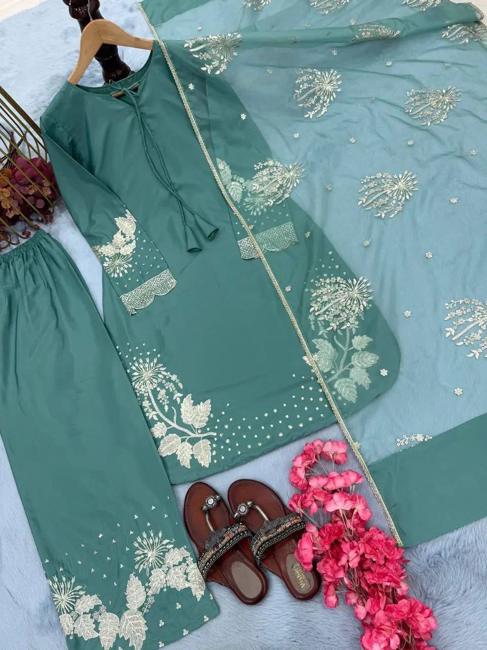 Embroidered Crepe Palazzo Set with Organza Dupatta
