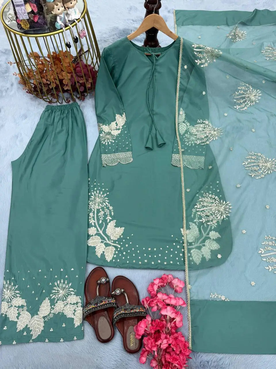 Embroidered Crepe Palazzo Set with Organza Dupatta