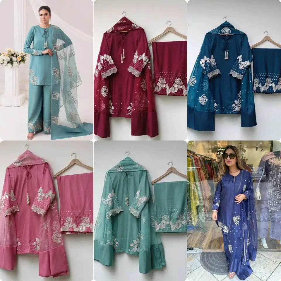 Embroidered Crepe Palazzo Set with Organza Dupatta